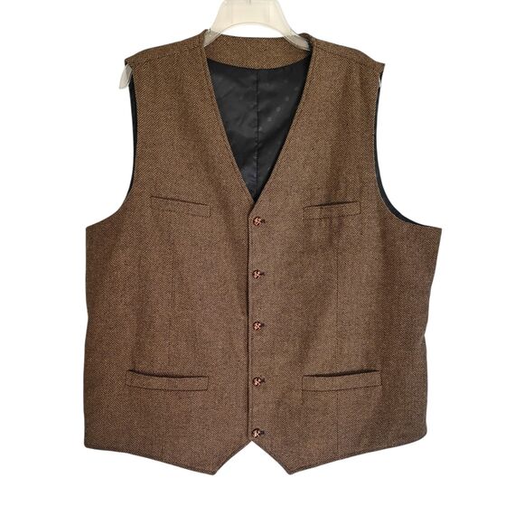 Other - Vintage Men's Herringbone Vest Brown Sz 2XL Button Front V-Neck Fully Lined Wool